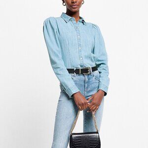 Express XS Light Denim Slim Tailored Puff Shoulder Cotton Button Down Shirt